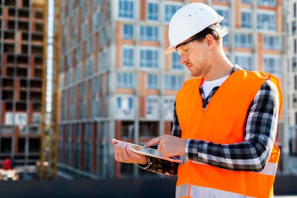 Baustelle mit Tablet im Handwerker