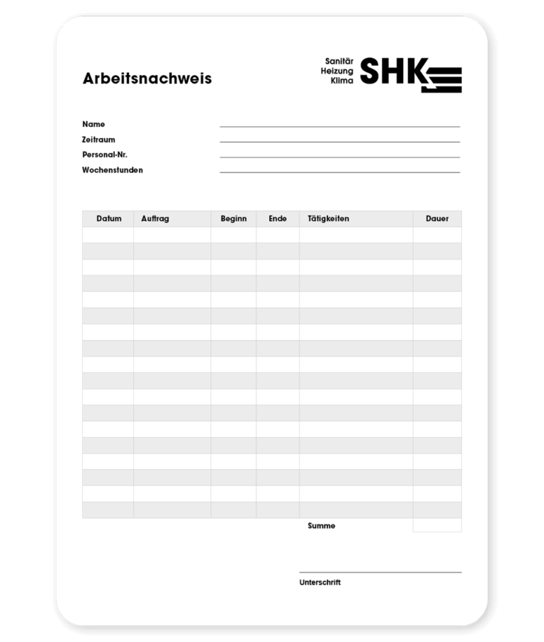 Stundenzettel-Vorlage für Handwerker als PDF, Ansicht mit Spalten für Datum, Auftrag, Beginn, Ende und Dauer