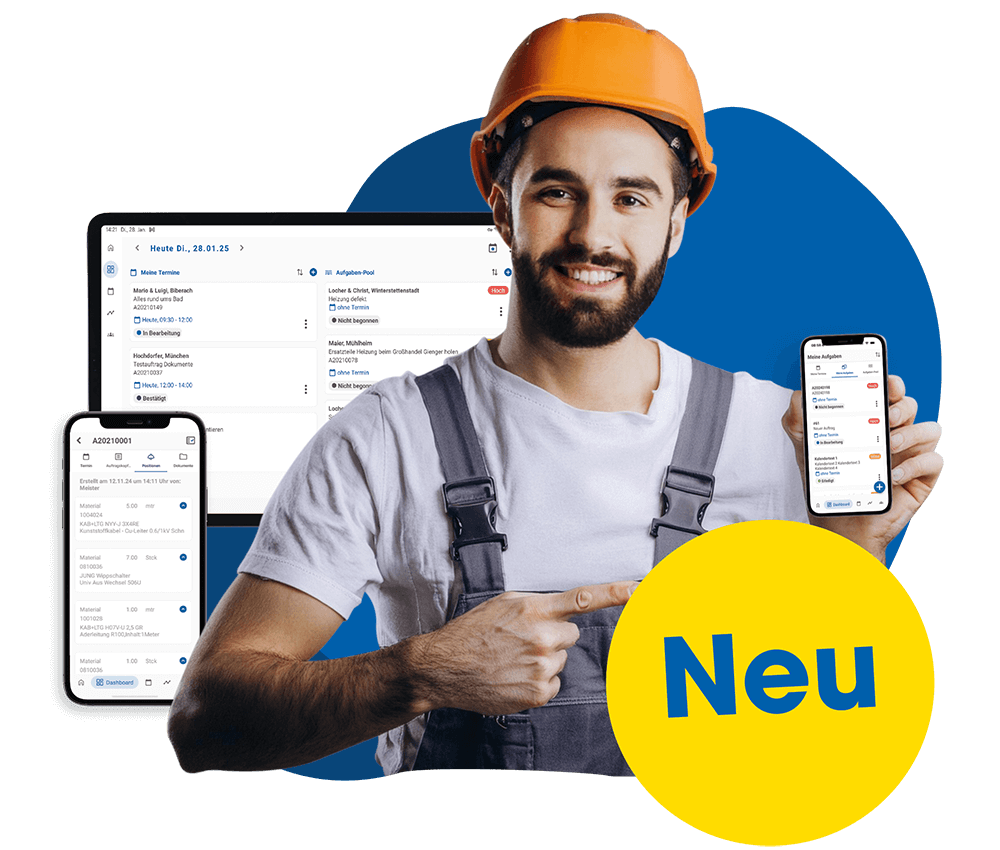 Handwerker zeigt auf LC TOP Handwerkersoftware auf seinem Handy