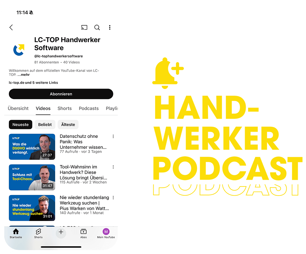 Handwerkerpodcast Screenshot Smartphone auf YouTube mit Logo