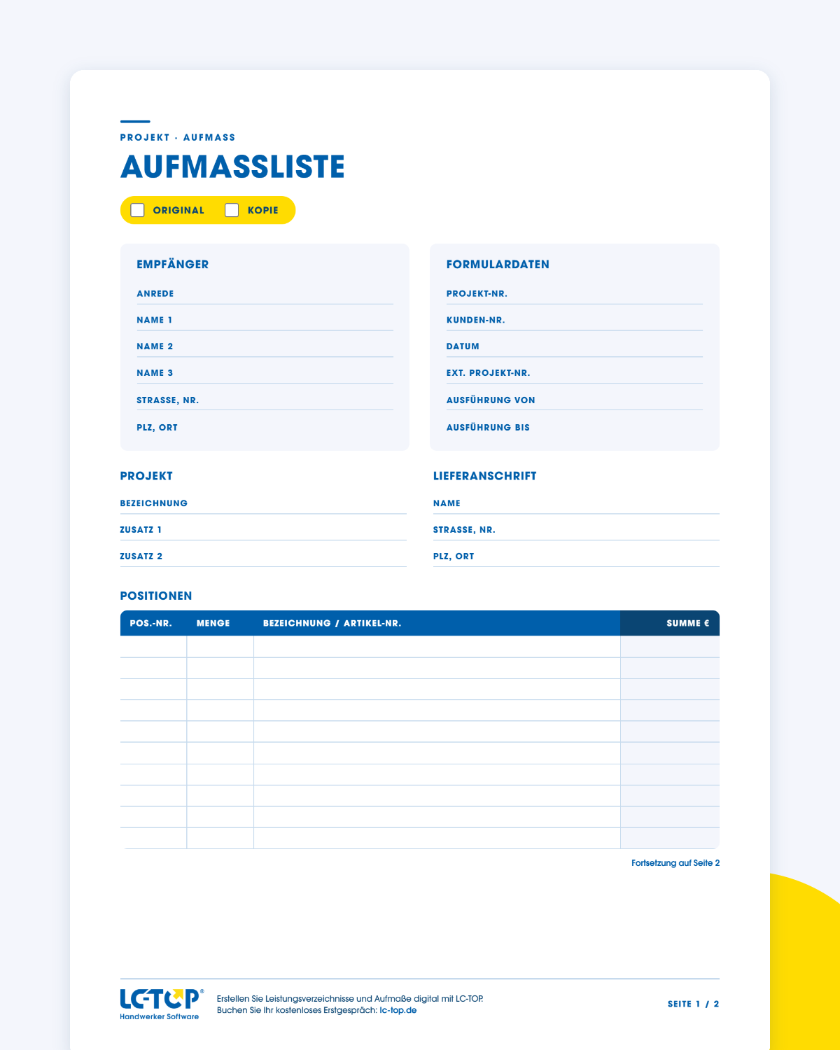 Vorschau der kostenlosen Aufmaßliste Vorlage von LC-TOP als PDF