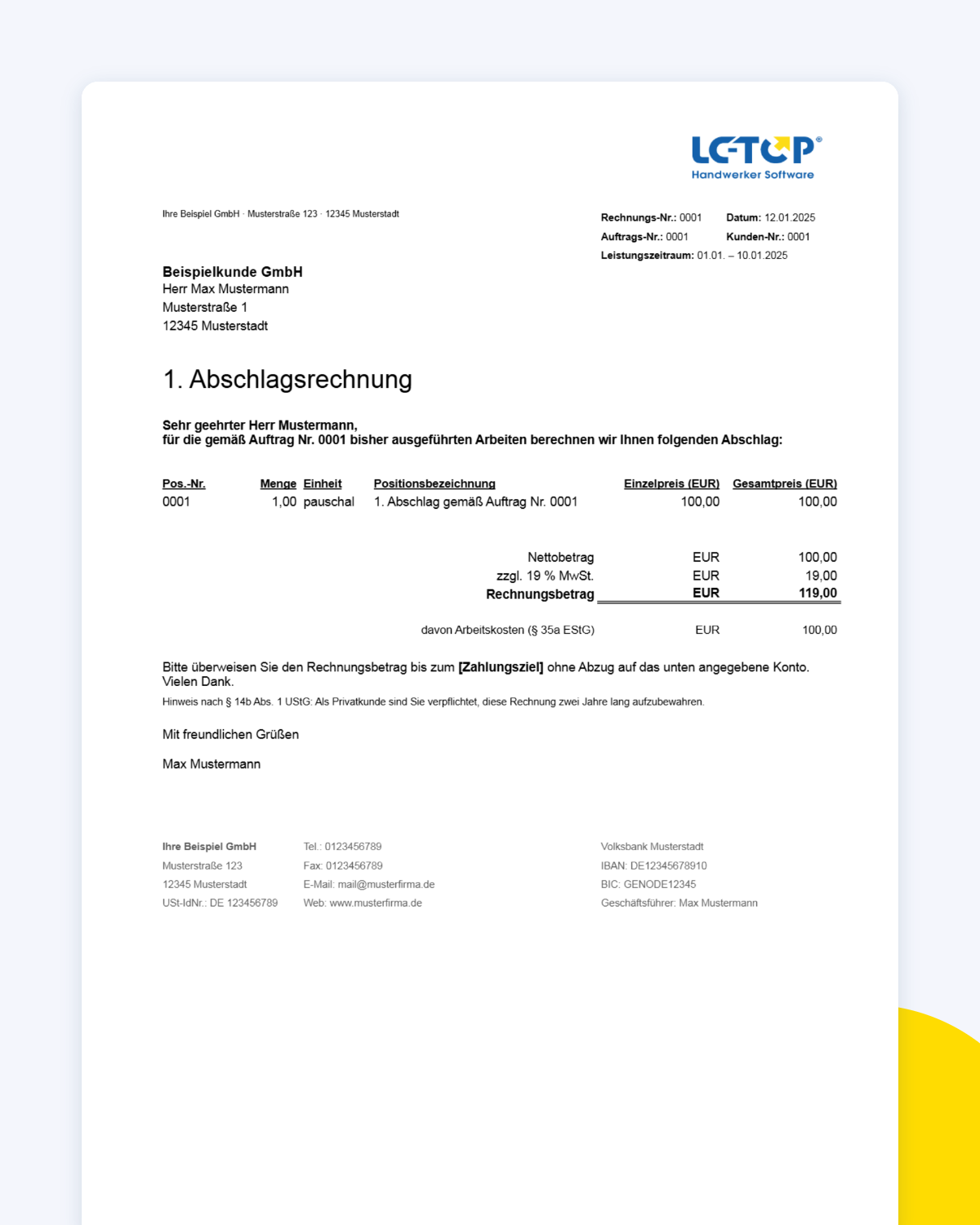 Vorschau der kostenlosen Abschlagsrechnung Vorlage von LC-TOP als Excel