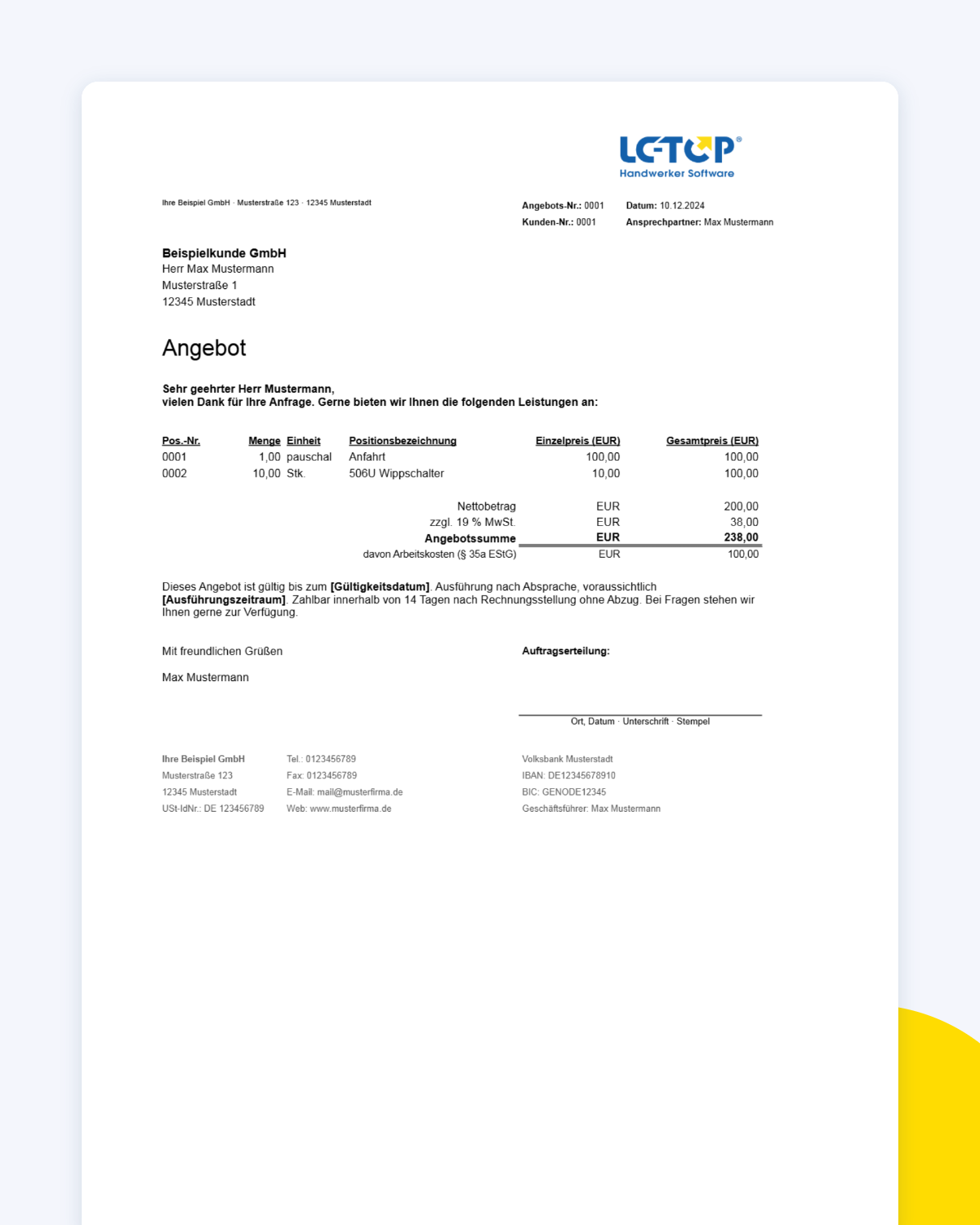 Vorschau der kostenlosen Angebotsvorlage von LC-TOP als Excel
