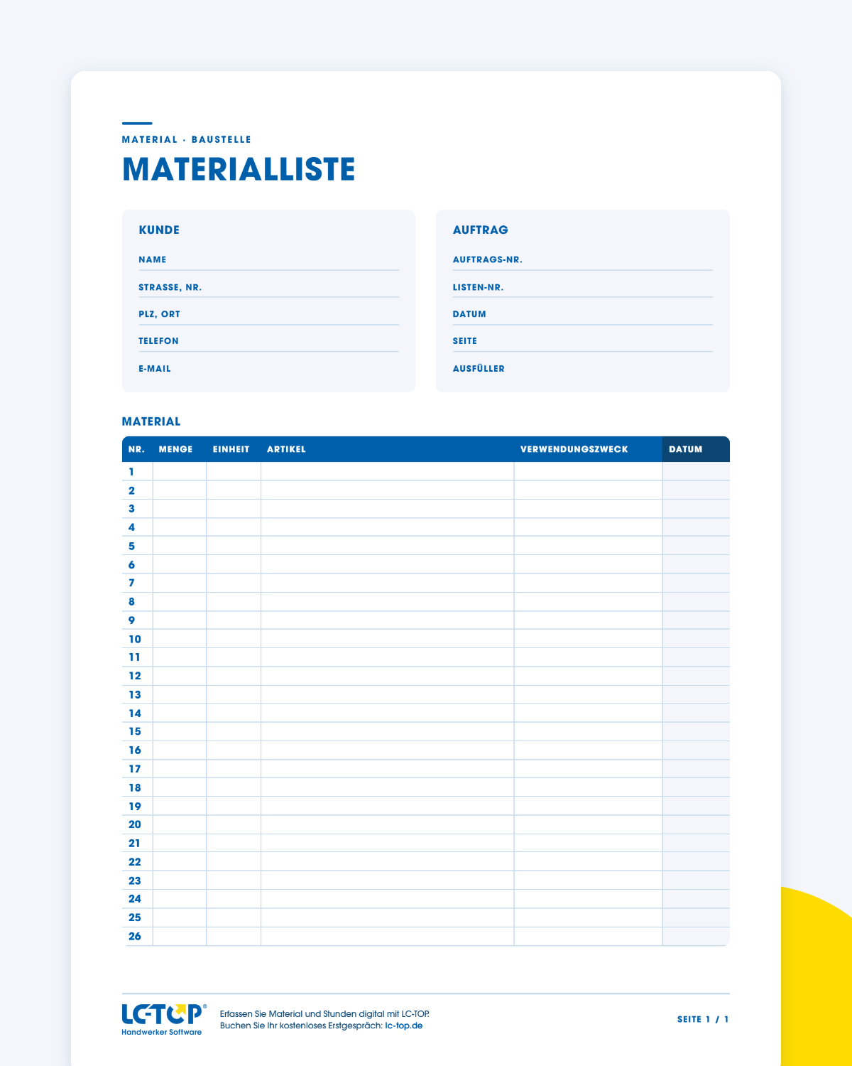 Vorschau der kostenlosen Materialliste Vorlage von LC-TOP als PDF