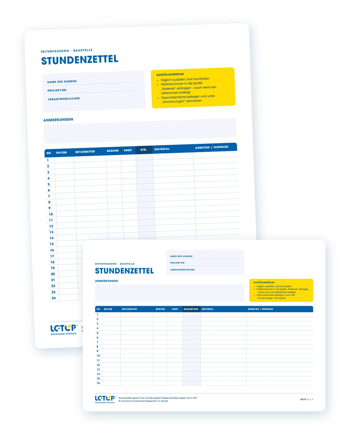 Vorschau der kostenlosen Stundenzettel Vorlage von LC-TOP als PDF